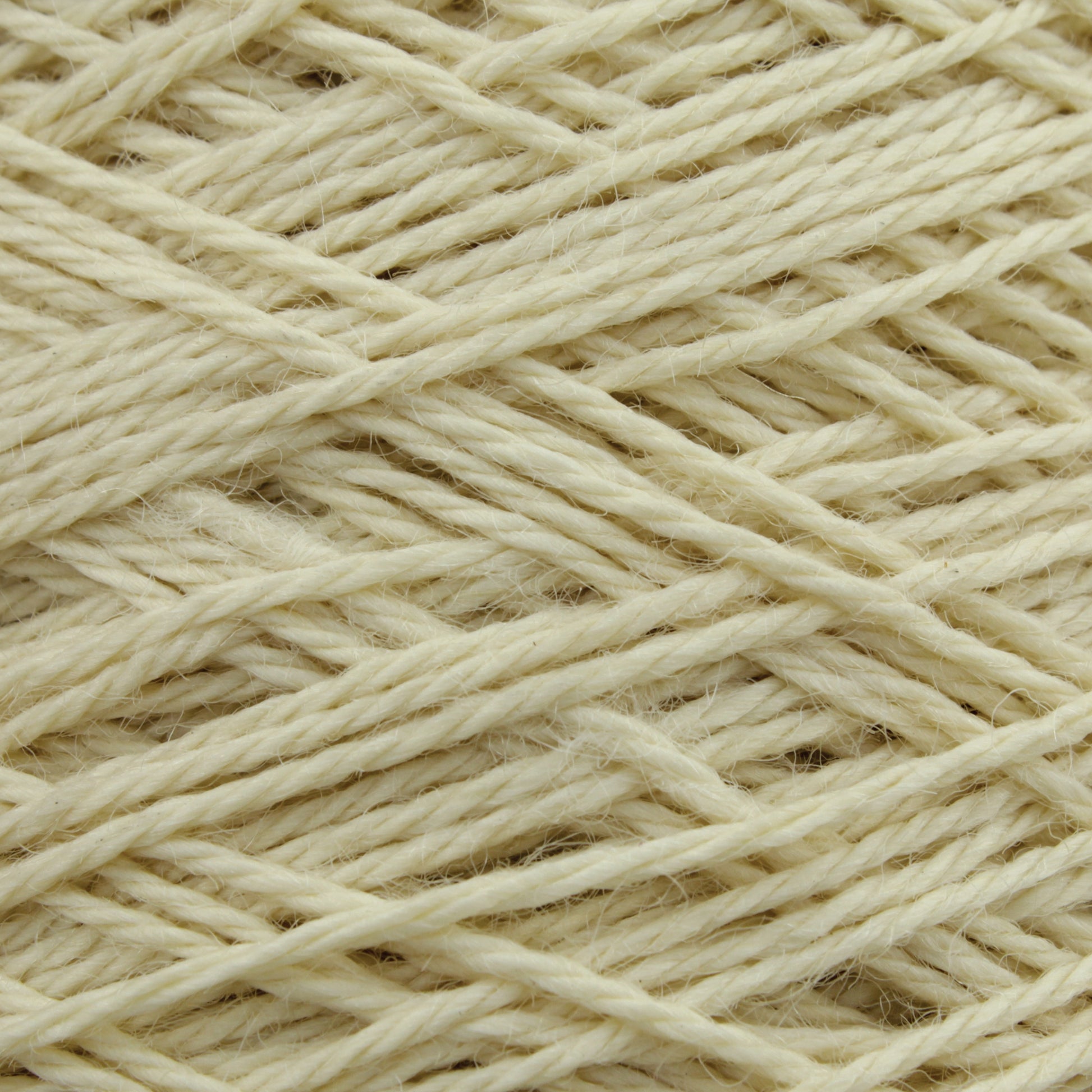 The close-up of the off-white Worsted Wool Warps by Jagger Brothers, Inc. showcases the individual fibers and intertwined strands. The texture is soft, featuring a uniform yet slightly irregular pattern, reminiscent of materials used in weft-face projects.