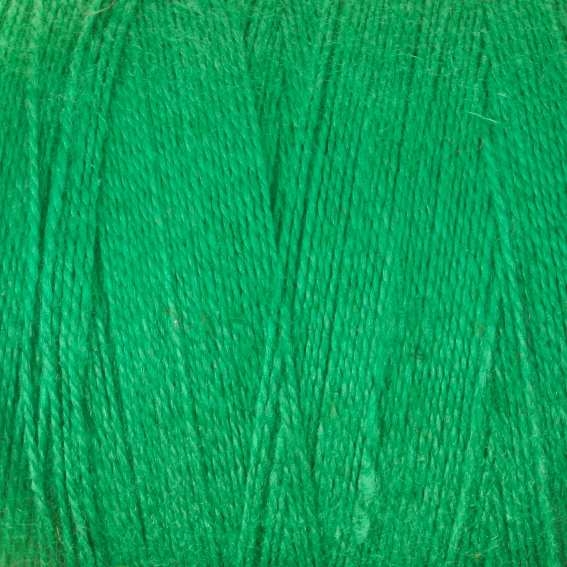 Close-up of the 8/2 Cottolin Organic Yarn by Maurice Brassard. The texture reveals tightly wound strands of fibers, creating a smooth and consistent surface. The vivid green color is prominent, with some variations in lighting highlighting the details of the individual threads—perfect for crafting with a four-shaft loom.