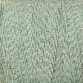 Close-up view of a spool of 8/2 Cottolin Organic Yarn from Maurice Brassard, perfect for a Cottolin Tea Towel Kit. The yarn's texture is smooth, lightly flecked with tiny fibers, and tightly wound into the tube. This cotton-linen blend in soft pastel green offers a calm and serene appearance for your four shaft loom projects.