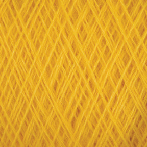 Close-up of multiple strands of yellow JaggerSpun Maine Line 3/8 Yarn from Jagger Brothers, Inc., crisscrossing and overlapping in a tightly woven pattern, forming a vibrant and textured surface. The worsted spun yarns have a soft and fluffy appearance, with visible fibers and a bright, uniform color.