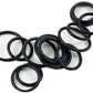 A collection of Bryson Rubber Ring Markers from Bryson Distributing, Inc., in assorted small sizes, is scattered on a white background. The ebony-colored markers are circular and appear to be made of a flexible, durable material.