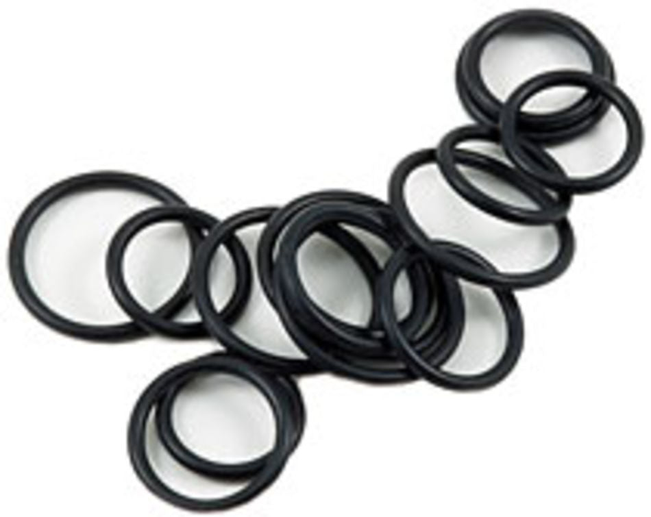 A collection of Bryson Rubber Ring Markers from Bryson Distributing, Inc., in assorted small sizes, is scattered on a white background. The ebony-colored markers are circular and appear to be made of a flexible, durable material.