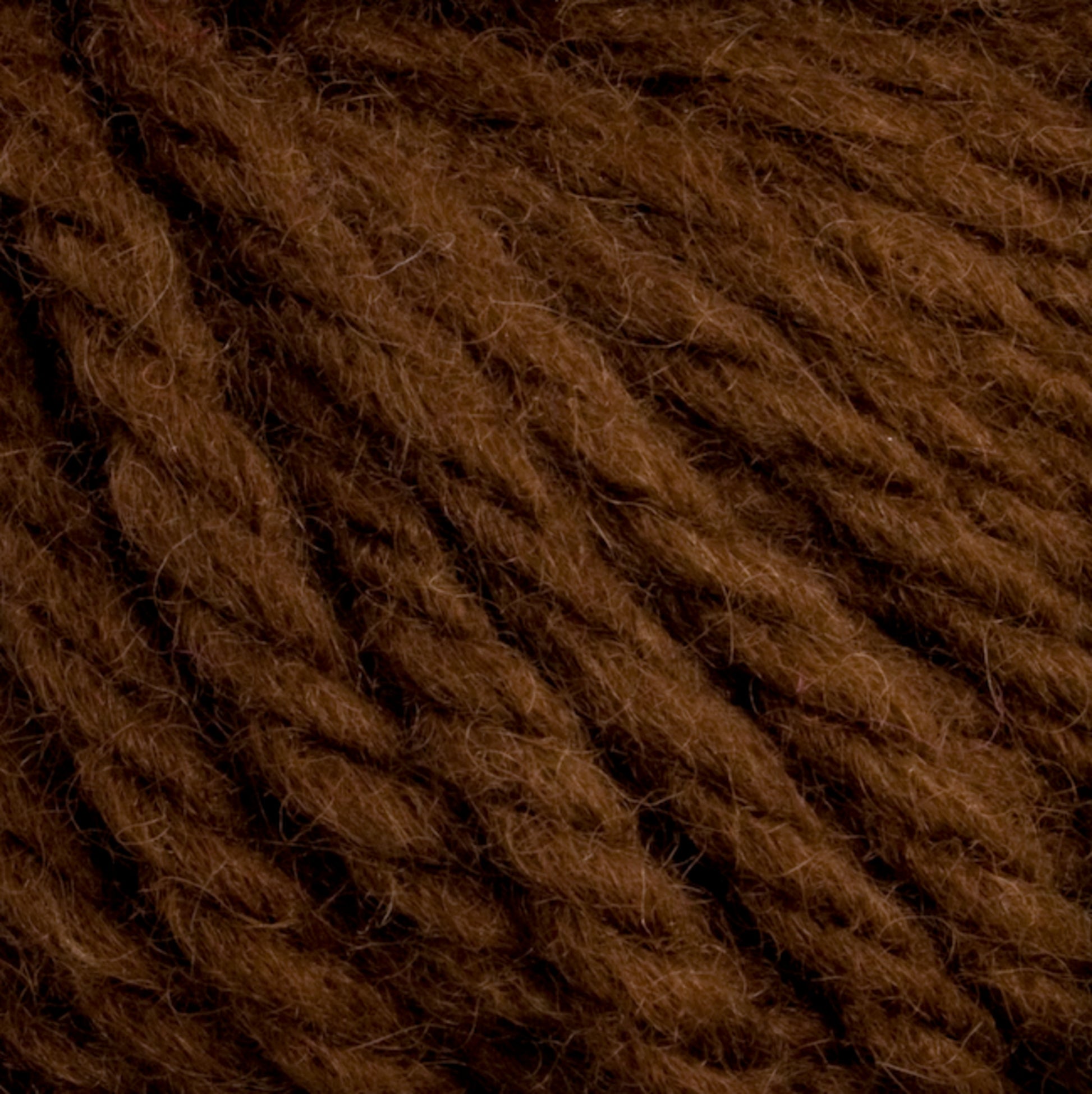 Close-up image of a textured, dark brown Halcyon Yarn Classic Rug Wool | Strand by Caledonian Dye Works, showing twisted fibers and a rich, warm color. The strands appear soft and substantial, suggesting the yarn is suitable for cozy knitting or crochet projects, ideal for rug weavers.