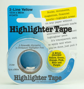 A packaged roll of Lee Products' Highlighter Tape in yellow is displayed against a white background. The label highlights it as a removable alternative to permanent highlighters, available in six bold colors: yellow, green, orange, pink, blue, and purple—perfect for marking knitting charts or fiber projects.