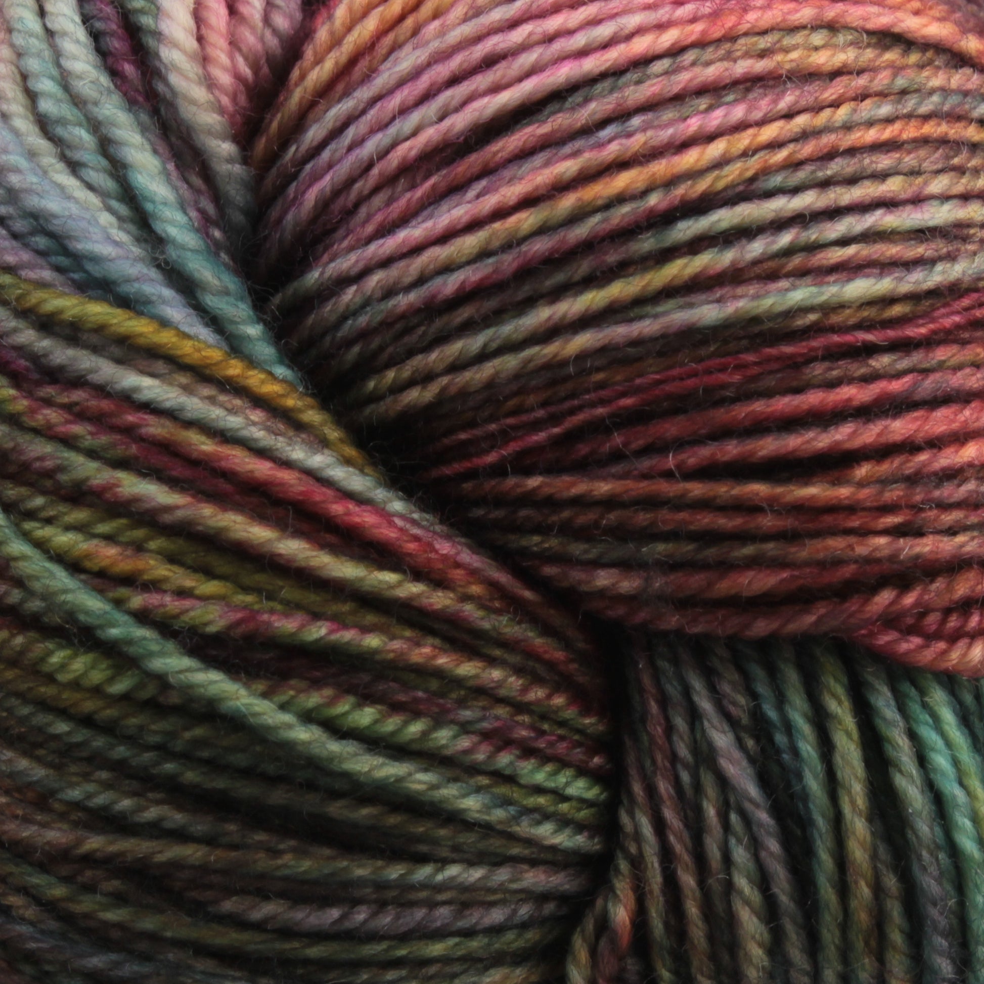 Close-up image of a skein of Malabrigo Sock by Malabrigo Yarn. The superwash merino wool showcases a blend of earthy tones, featuring deep greens, rich maroons, and subtle hints of purple that merge together in a smooth, slightly glossy texture. The tightly wound strands emphasize the kettle-dyed transitions.