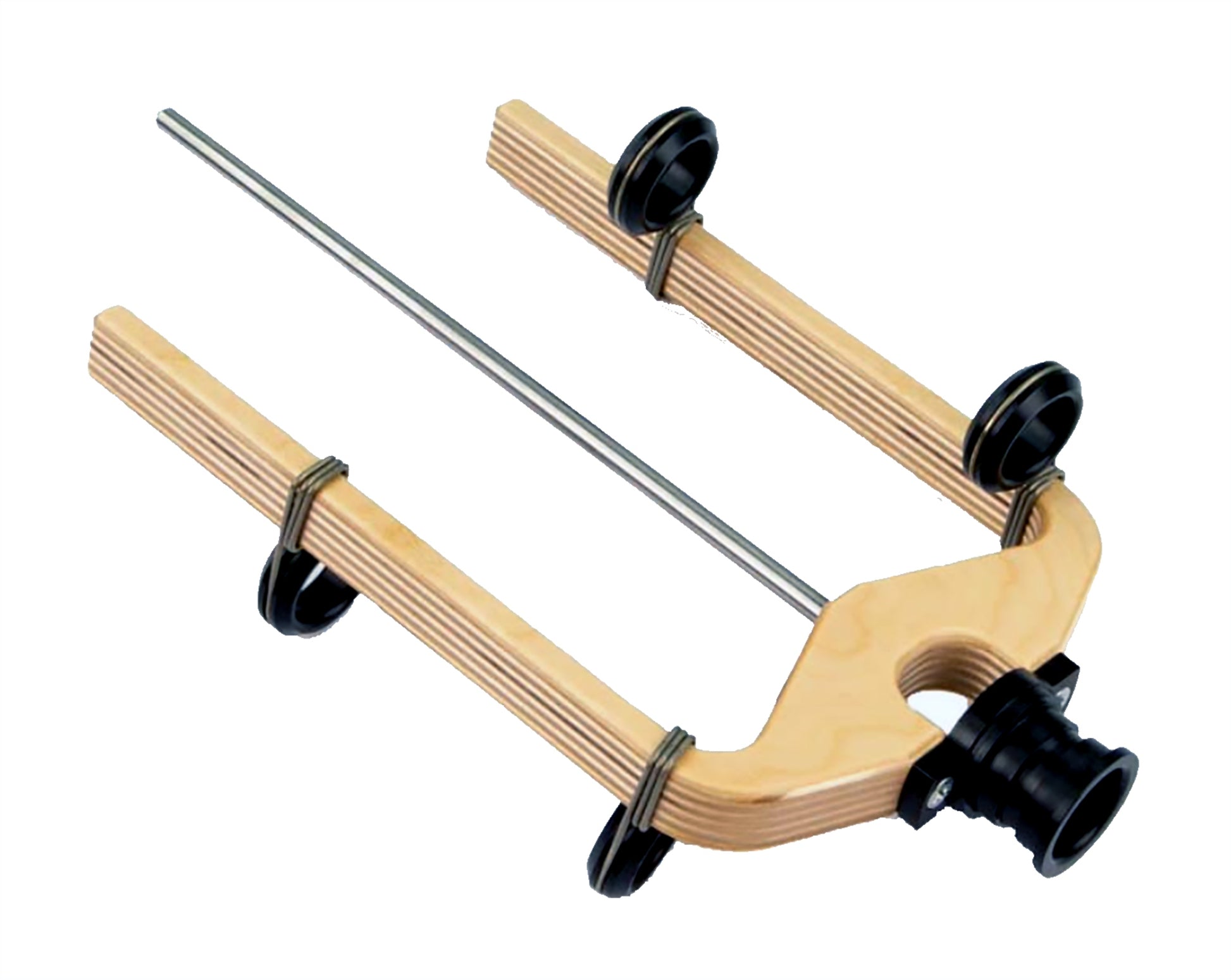 The Louët Art Yarn Flyer for Bobbin Lead (Irish Tension) wheels by Louët Inc. features two parallel wooden arms connected by metal rods and black plastic adjustment knobs, with a frame that includes a curved edge and a circular plastic section, likely designed for threading or adjusting tension.