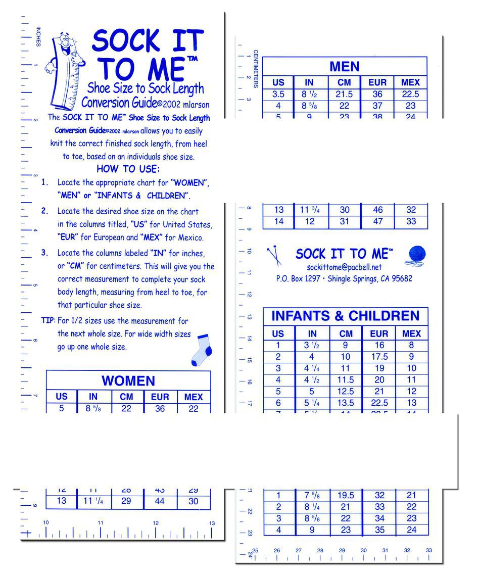 The "Sock It To Me Shoe Size to Sock Length Conversion Guide" by Sock It To Me is a printable chart that serves as a comprehensive guide for converting shoe sizes to sock lengths. It includes guidelines for men, women, infants, and children, covering US, European, and Mexican sizes. The chart provides detailed instructions for use and features a contact email for inquiries. The design boasts a white background with blue text and measurement markings.