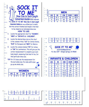 The "Sock It To Me Shoe Size to Sock Length Conversion Guide" by Sock It To Me is a printable chart that serves as a comprehensive guide for converting shoe sizes to sock lengths. It includes guidelines for men, women, infants, and children, covering US, European, and Mexican sizes. The chart provides detailed instructions for use and features a contact email for inquiries. The design boasts a white background with blue text and measurement markings.