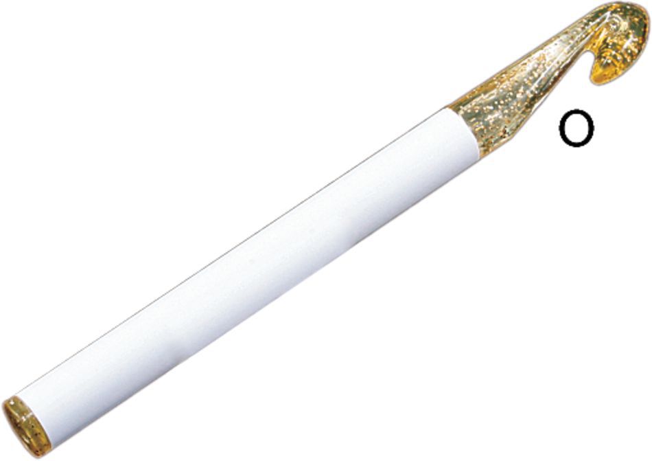 The Skacel Large Plastic Crochet Hook features a decorative design with a white handle and a transparent gold, glittery hook end. Styled in a classic curved shape, this crochet hook is ideal for use with jumbo yarns. The background is plain white.