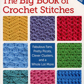 Cover of "The Big Book of Crochet Stitches" by Jean Leinhauser and Rita Weiss, published by Martingale & Co. The title and author names are prominently displayed at the top. The cover showcases photos of various crochet stitch patterns in a range of colors. A blue box in the center reads, "Fabulous Fans, Pretty Picots, Clever Clusters, and a Whole Lot More." A blue banner in the top right corner states,
