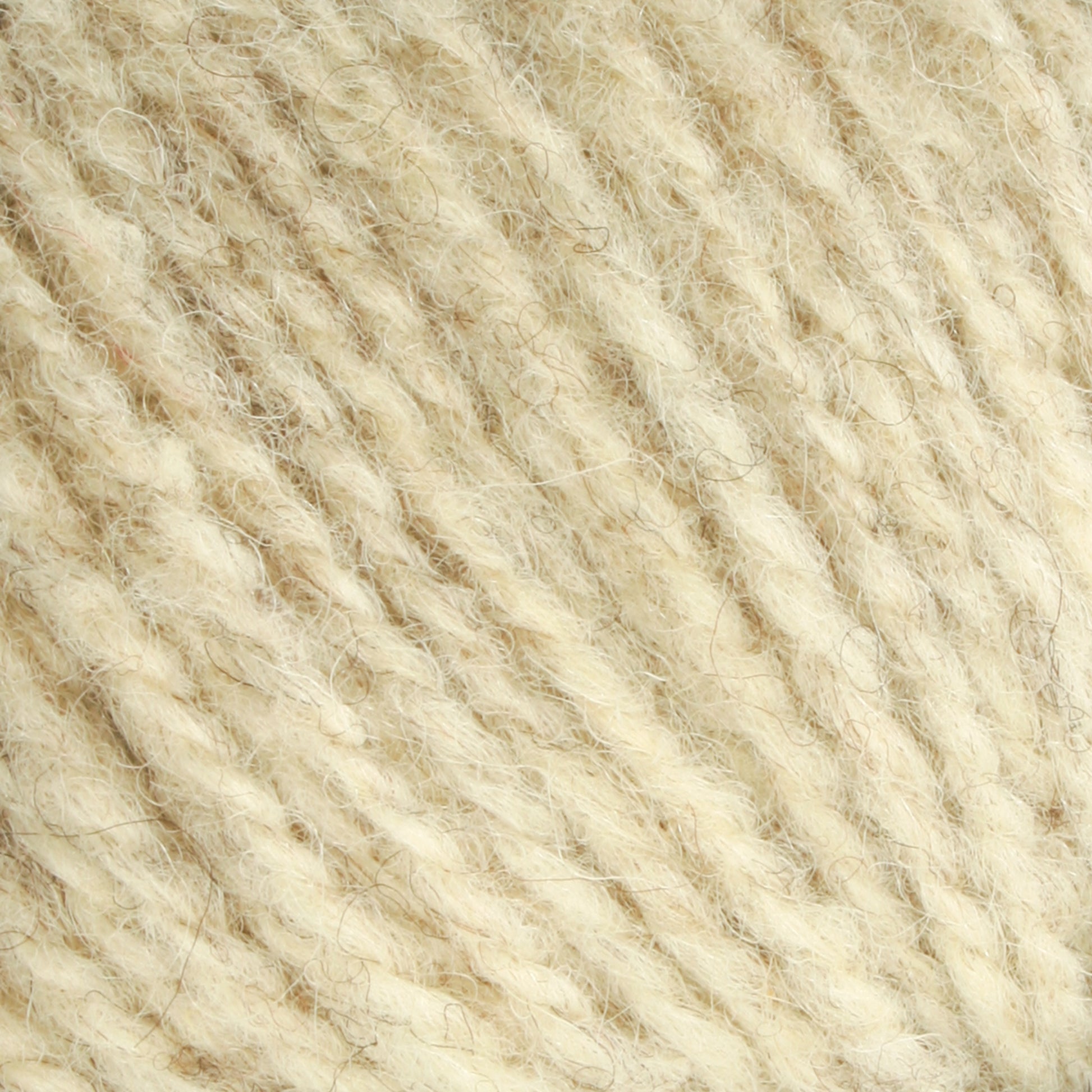 Close-up image of a skein of light beige worsted weight yarn. The fibers display varying shades of cream and off-white, with a slightly fuzzy texture, highlighting the twists intertwined. This Bartlettyarns Maine Wool Yarn from Bartlettyarns appears soft and natural, perfect for knitting or crocheting.