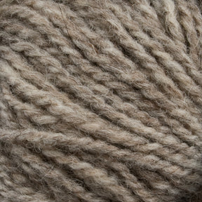 Close-up image of a skein of Tuffy Canadian Sock Yarn by Briggs & Little. The yarn is a mix of light and dark beige fibers, creating a variegated pattern. The texture appears soft and slightly fuzzy, with individual strands twisted together—perfect for knitting cozy winter socks.