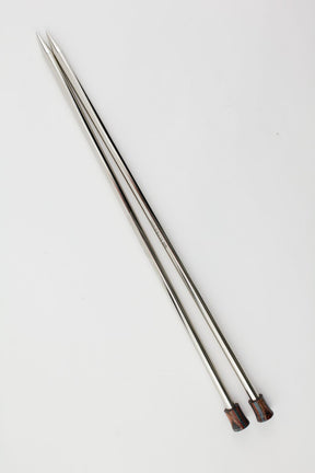 The Nova Platina Single Point Knitting Needles by Accessories Unlimited feature pointed ends on one side and wooden handles on the other. They are aligned parallel to each other against a white background, reminiscent of straight needles.