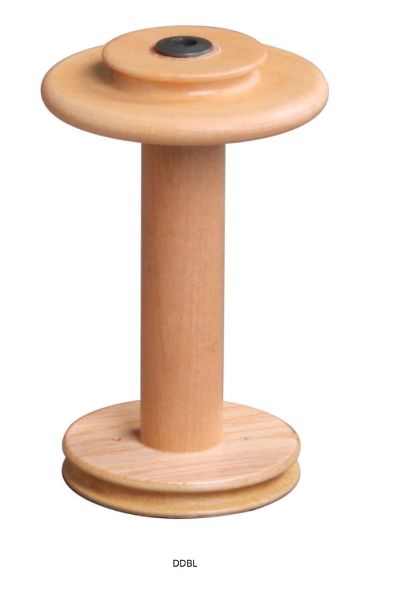 An Ashford Standard Bobbin from Ashford Handicrafts Limited stands upright on a white background. This wooden spool features flat, circular ends and a cylindrical center. The top has a small round black inset, while the bottom end appears to have a thicker base. The bobbin casts a slight shadow.