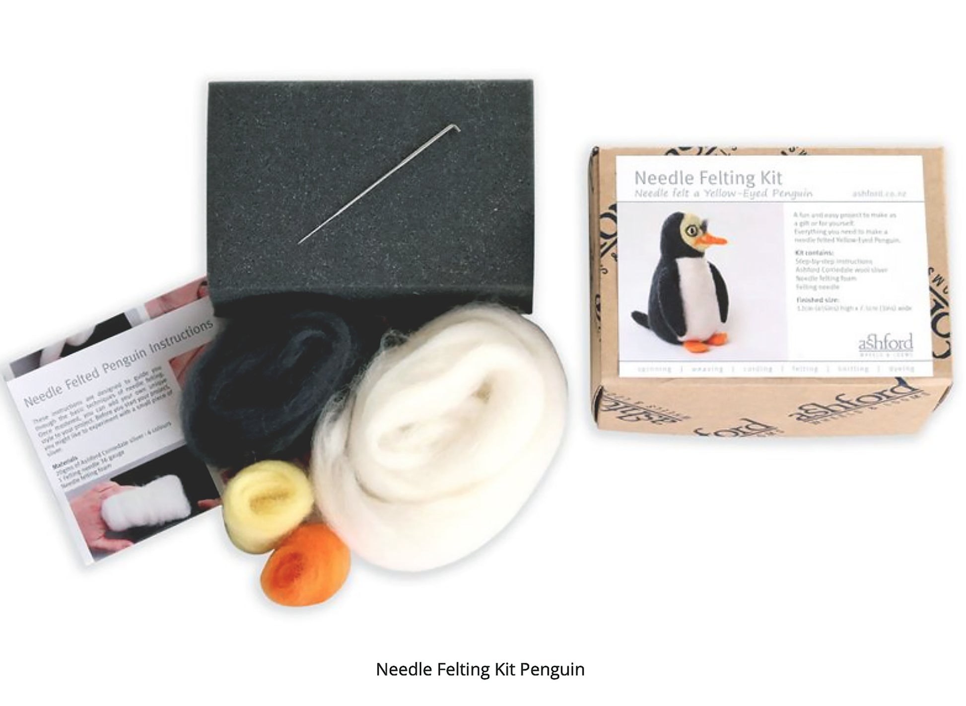 The Ashford Needle Felting Kit by Ashford Handicrafts Limited includes everything you need to create a penguin: felting wool in black, white, yellow, and orange, a felting needle, a foam block, and an instruction booklet. The packaging showcases a finished penguin along with the text "Needle Felting Kit - Penguin.