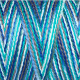 Caterpillar Cotton by Ashford from Ashford Handicrafts Limited features a vibrant and colorful pattern of woven or braided threads in shades of blue, teal, white, and grey. The sport-weight gauge threads form a chevron or zigzag design, creating a visually dynamic and textured effect. The variegated colorways blend harmoniously, giving a lively and artistic impression.