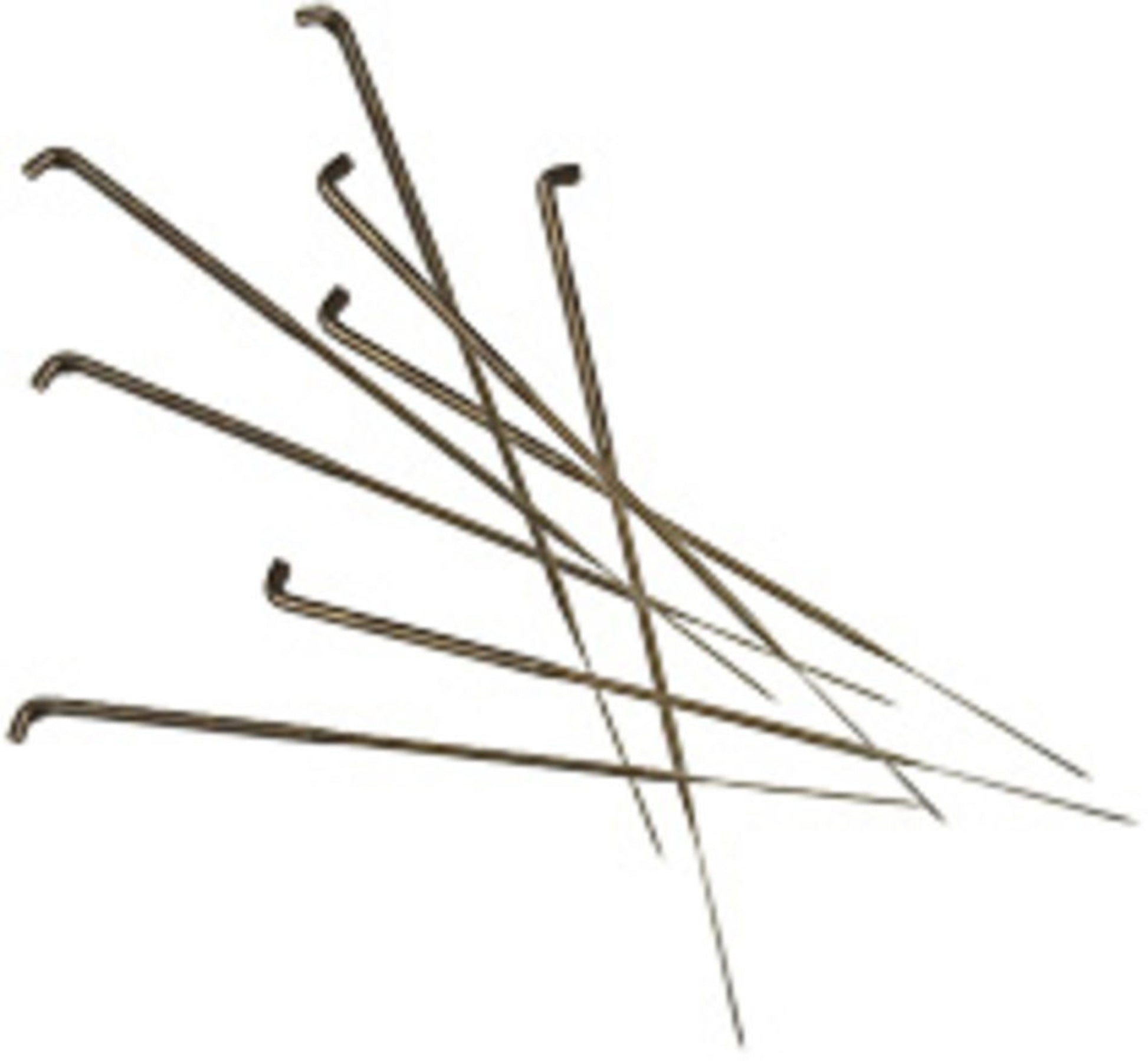 A set of seven thin, metal felting needles from the brand Between and Etc., each with angled tips, are scattered on a white background. The needles vary in length and appear to be designed for specialized crafting or medical purposes.