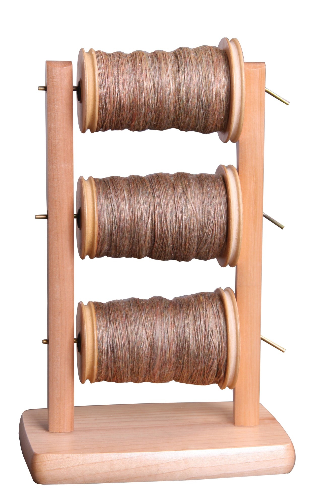 The Ashford Lazy Kate by Ashford Handicrafts Limited is a vertical wooden spool holder that comes with three spools of brown-tinted thread. It features two posts connected by three thin metal rods, each holding one spool, which are evenly spaced and securely mounted.