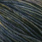 A close-up of Malabrigo Rios yarn by Malabrigo Yarn, showcasing multiple shades of blue and green blending together in a variegated pattern. The fibers are twisted and exhibit a soft, slightly shiny texture. The kettle-dyed colors mix smoothly, creating a beautiful gradient effect.