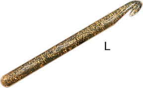 An image of a Skacel Large Plastic Crochet Hook next to the letter "L." The crochet hook, ideal for large-sized projects, features a glittery, gold-colored texture and has a hooked end for grabbing yarn.