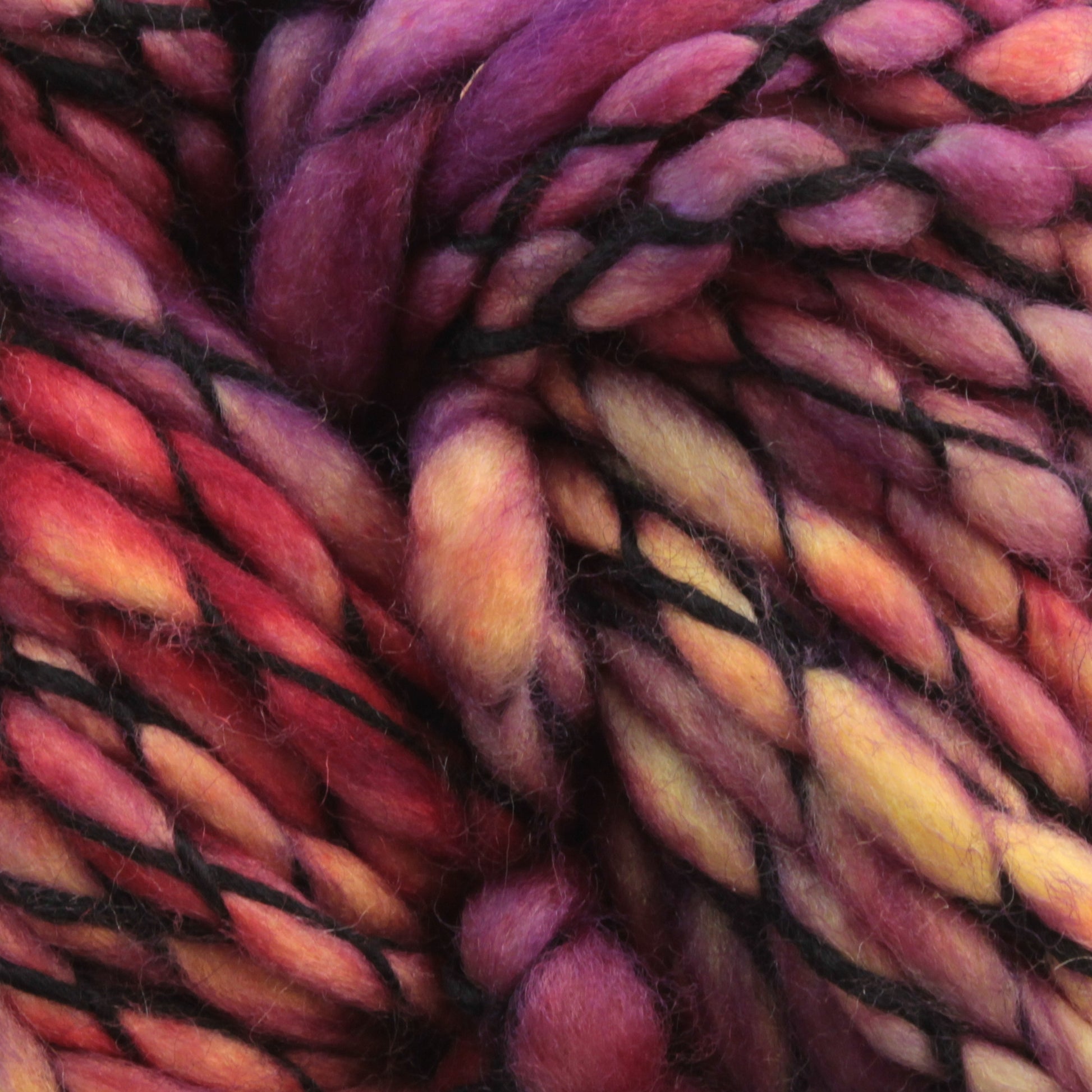 Close-up of Malabrigo Caracol yarn in multi-colored splendor. This super bulky yarn from Malabrigo Yarn showcases an array of warm hues, including red, purple, orange, and yellow intertwined with black strands, creating a vibrant and textured appearance reminiscent of kettle-dyed artistry.