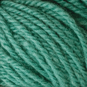 Close-up view of Halcyon Deco Rug Wool by Caledonian Dye Works in green, highlighting the detailed texture of the fibers and how the strands are twisted together. This 100% wool yarn appears soft and slightly fuzzy, making it suitable for knitting or crafting projects.