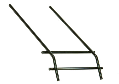 The Louët Lazy Kate -rack only (Irish tension, bobbin lead wheels) from Louët Inc. is a black, metal rack with two long, diagonal arms connected by shorter horizontal bars at the base. It's typically used for supporting objects or as part of a larger structural setup. The stand features a minimalistic and sturdy design.