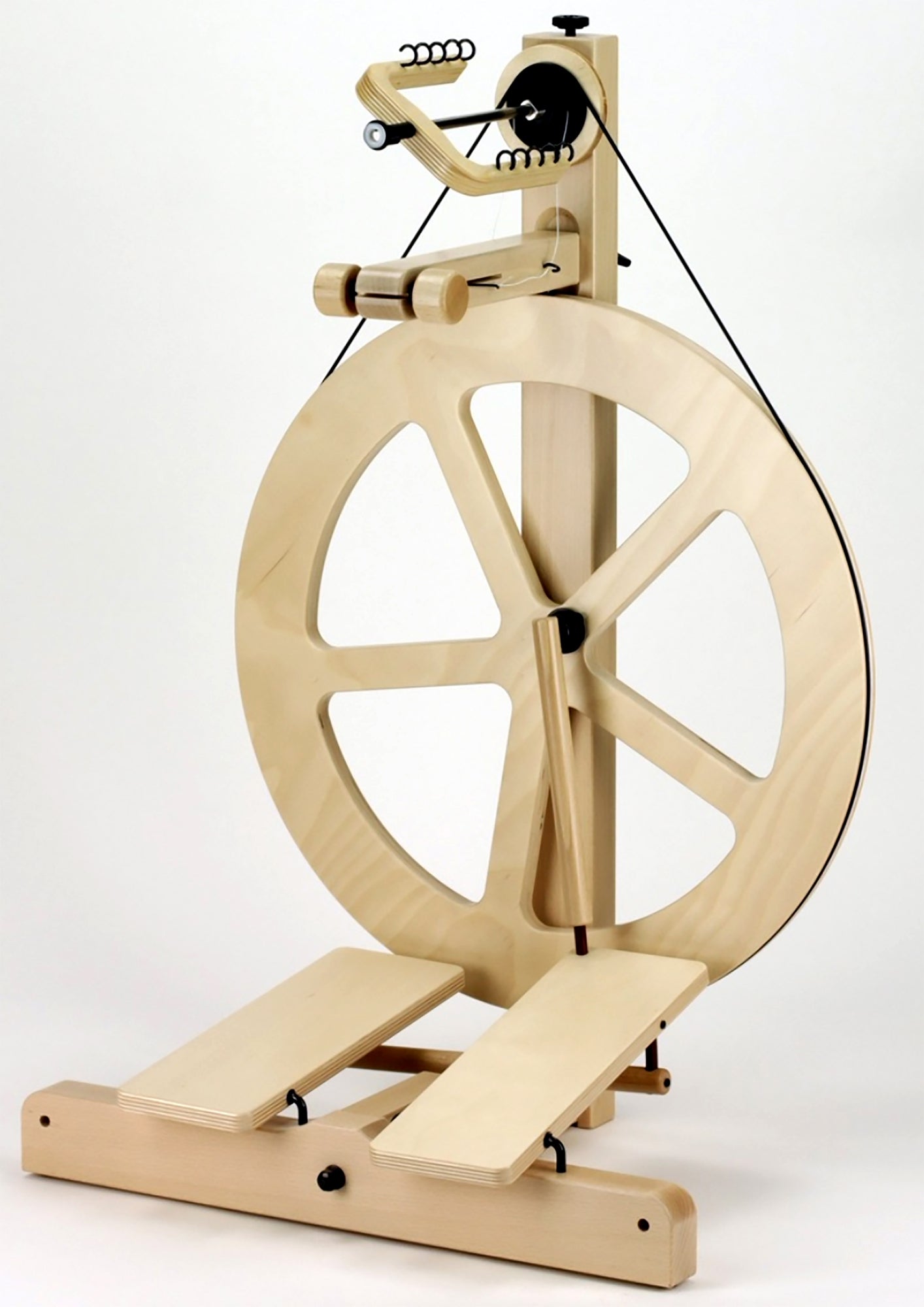 The Louët S10 CONCEPT Single Treadle Spinning Wheel w/sliders by Louët Inc. features a modern, minimalist design with five large spokes connected to a vertical frame. This Irish Tension setup includes foot pedals at the base for operation. The spinning mechanism and components are showcased against a plain white background.