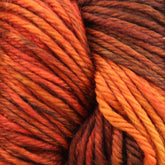 Close-up of a bundle of Malabrigo Yarn's Rios yarn with an array of vibrant colors, primarily in shades of orange, brown, and yellow, creating a warm, autumnal palette. The superwash yarn strands are tightly wound together, showcasing the texture and richness of the fibers.