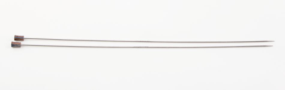 Two straight Nova Platina Single Point Knitting Needles by Accessories Unlimited, featuring metallic construction with pointed ends and rounded, colored tops, positioned parallel to each other on a plain white background.