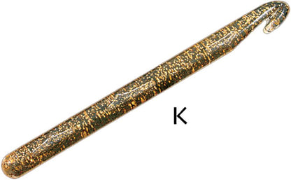 A long, narrow, hook-shaped artifact with a slightly curved tip. The object appears to be made of plastic and has a speckled, glittery surface reminiscent of the Large Plastic Crochet Hook by Skacel designed for jumbo yarns. There is a letter "K" near the center of the image for scale or reference.