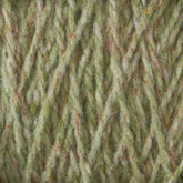 Close-up image of green Harrisville Designs Harrisville Highland - Cones yarn with a blend of orange and beige fibers intertwined. The texture appears soft and fluffy, showcasing the detailed strands of this unscoured yarn.