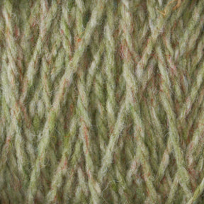 Close-up image of green Harrisville Designs Harrisville Highland - Cones yarn with a blend of orange and beige fibers intertwined. The texture appears soft and fluffy, showcasing the detailed strands of this unscoured yarn.