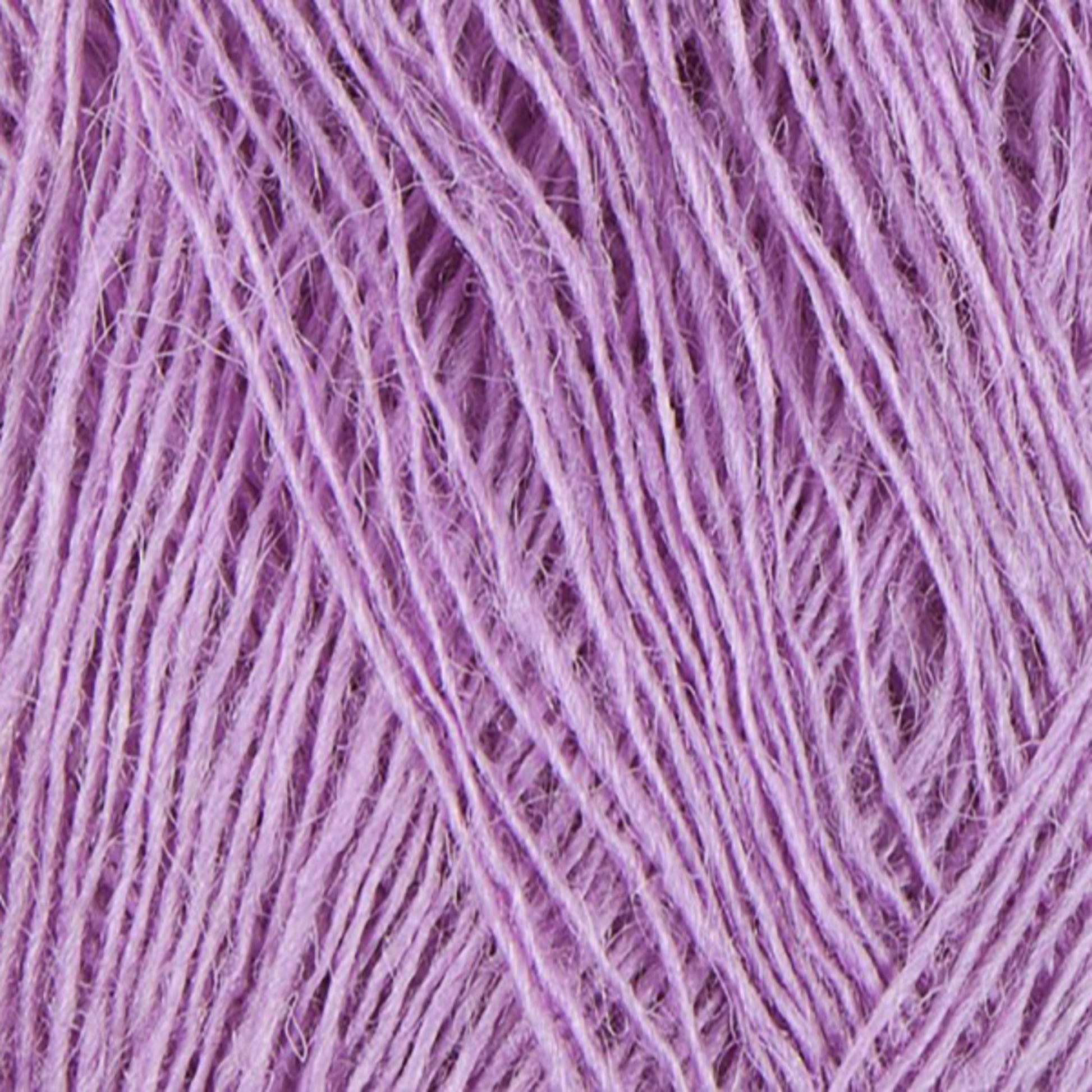 Close-up shot of a bundle of light purple Einband Lopi yarn strands. The texture of the Icelandic wool by Berroco, Inc. is coarse, with visible individual fibers and a slightly fuzzy appearance. The strands are tightly packed, showcasing their uniform color and thickness, perfect for lace knitting.