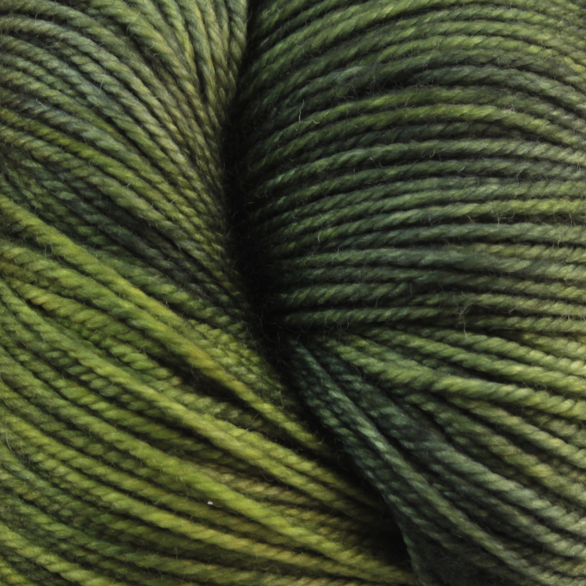 Close-up image of a skein of Malabrigo Sock yarn by Malabrigo Yarn. The yarn displays various shades of green, ranging from light to dark, with a soft and textured appearance. The twists and thickness of the kettle-dyed multicolors in the Merino wool are prominently visible.