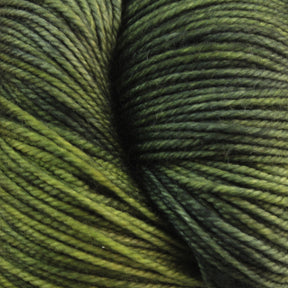 Close-up image of a skein of Malabrigo Sock yarn by Malabrigo Yarn. The yarn displays various shades of green, ranging from light to dark, with a soft and textured appearance. The twists and thickness of the kettle-dyed multicolors in the Merino wool are prominently visible.