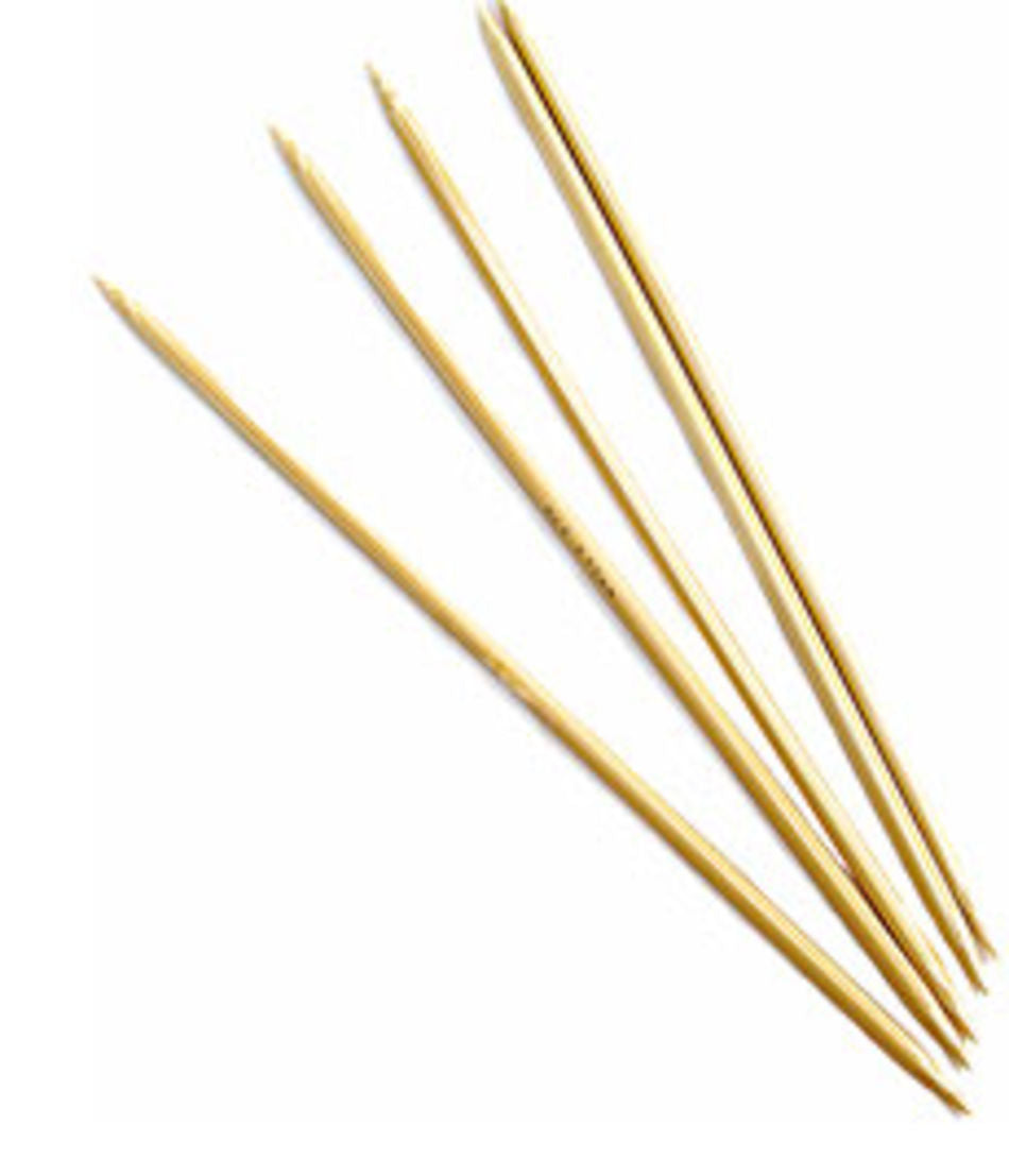 Five Accessories Unlimited Double-Point Bamboo Knitting Needles, 8", are scattered diagonally over a white background. The slender needles have a polished finish, are evenly spaced, and feature pointed ends on both sides, making them perfect for intricate knitting projects and delicate fibers.