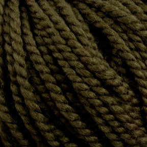 Close-up image of Norumbega yarn by Caledonian Dye Works, showcasing its tightly wound, thick, olive green Aran weight fibers and twisted strands, made from 100% U.S. wool.