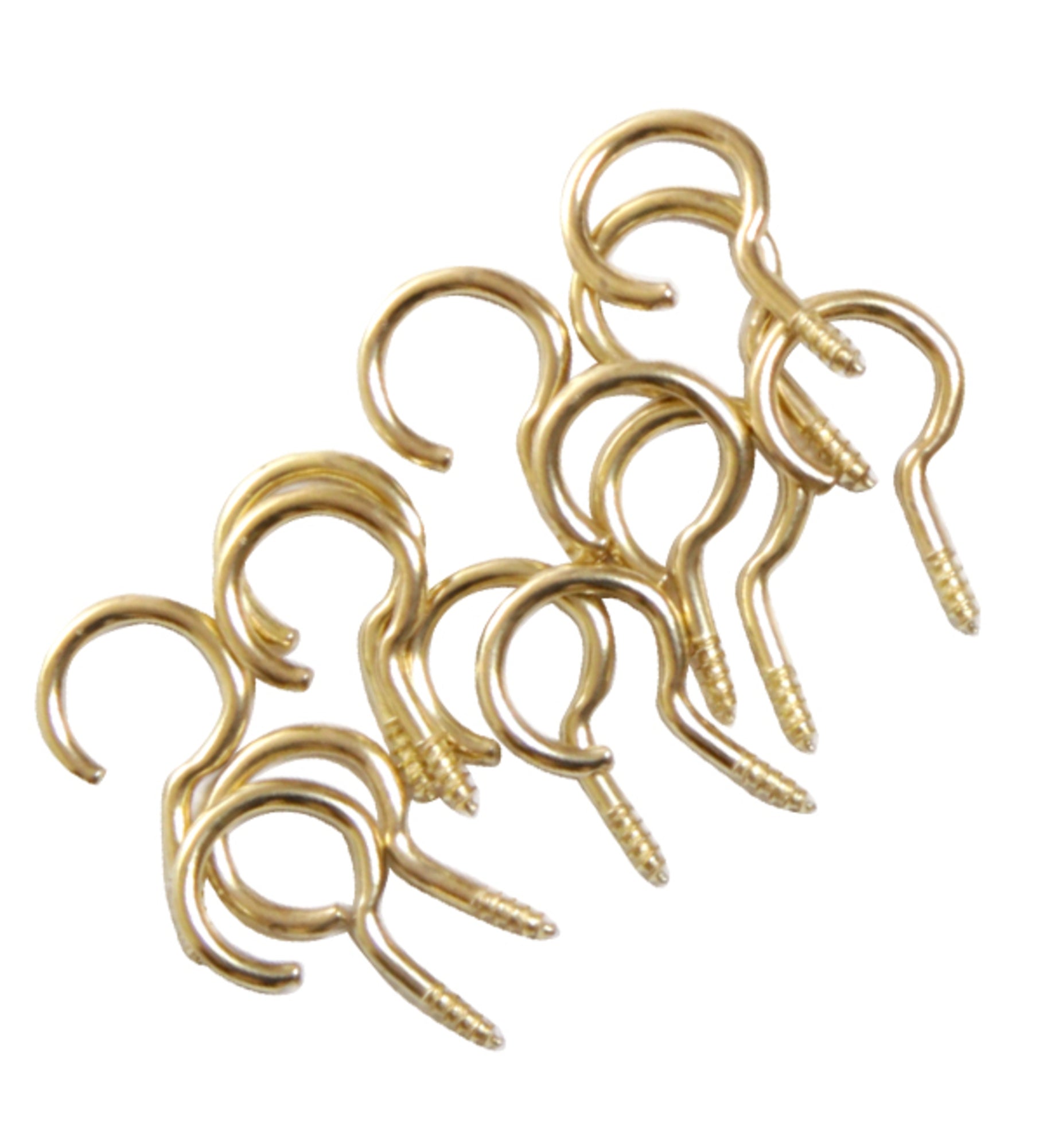 A collection of Ashford Flyer Hooks (12), crafted by Ashford Handicrafts Limited, features small, gold-colored screw hooks with threaded ends. Some of the hooks are lying flat, while others are positioned upright, showcasing their curved, open hooks and pointed screws for easy installation into surfaces.