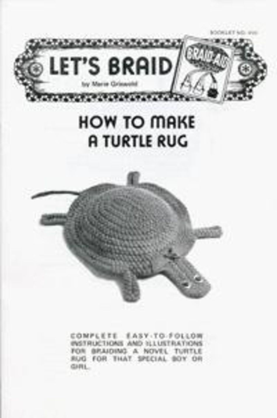 A downloadable vintage booklet cover titled "How to Make a Braided Turtle Rug" by BraidAid from Halcyon Yarn features detailed instructions and illustrations for crafting a unique turtle-shaped rug using basic braiding skills.