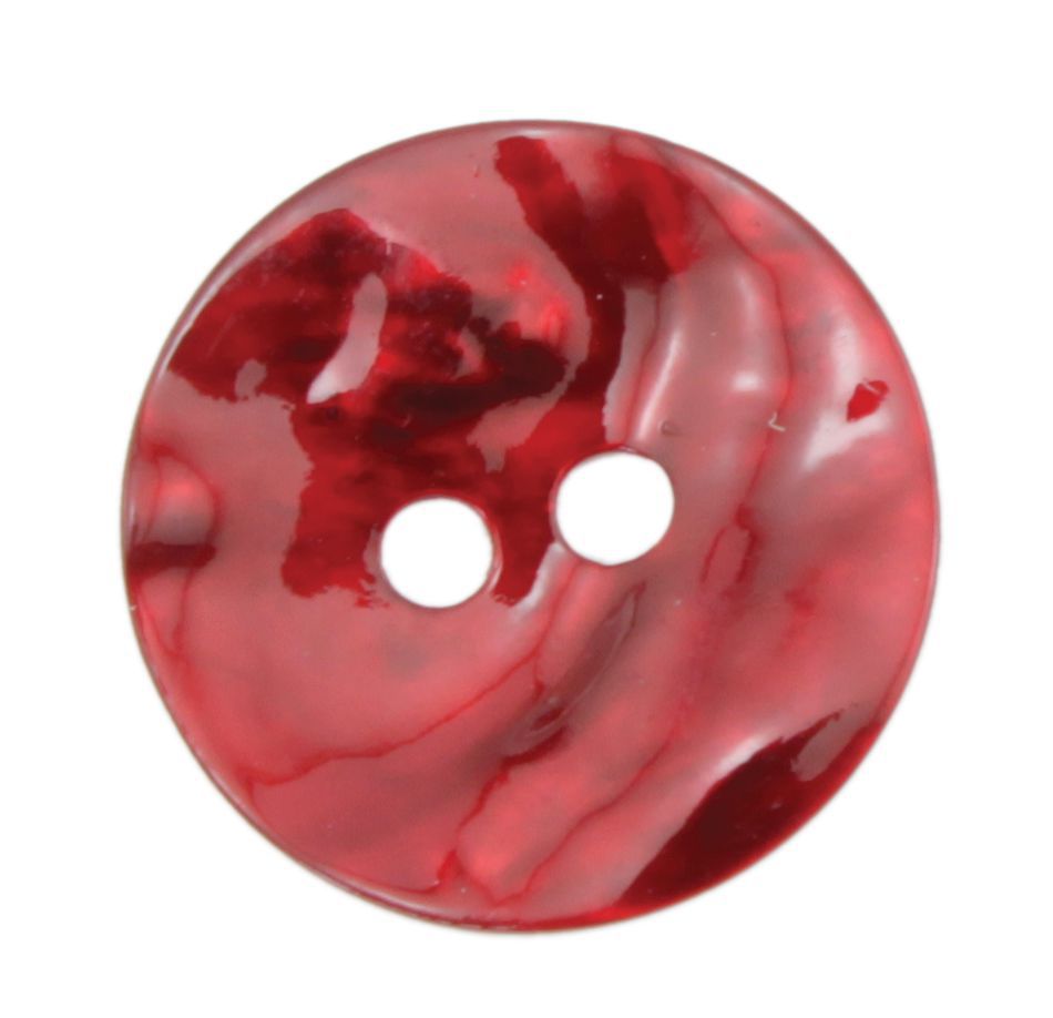 A close-up image of a round, red marbled button from Dill Buttons of America, Inc's Natural Pearl Shell Buttons collection. The button features two holes in the center, a glossy finish, and a mix of lighter and darker red swirls that mimic the elegant patterns found in Mother-Of-Pearl buttons.