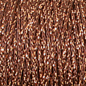 Close-up of the textured, metallic copper-colored fibers of Chainette Metallic Yarn | Mini-cone by Plymouth Yarn Co. Woven into a dense pattern, the yarn boasts a shiny, reflective surface that catches and reflects light, creating a vibrant, shimmering effect—ideal for knit and crochet projects.