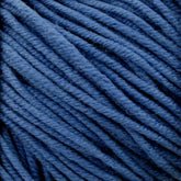 Close-up image of several strands of Plymouth Select Worsted Merino Superwash yarn from Plymouth Yarn Co., tightly wound together. The texture appears soft and slightly fuzzy, with the yarn fibers visible. The color is a rich, medium shade of blue, creating a visually cozy and inviting appearance while offering excellent stitch definition.