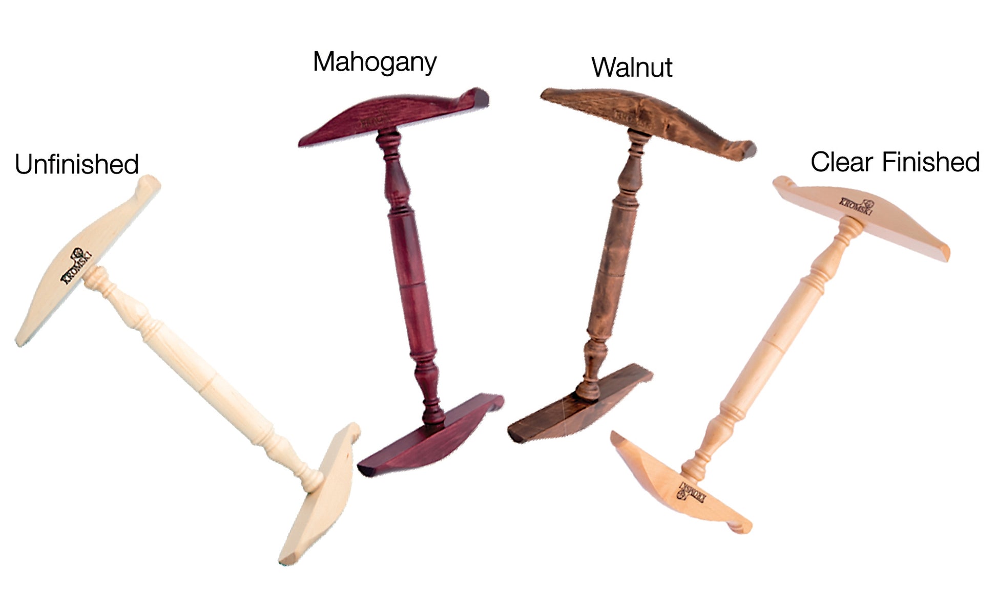 Four Kromski Niddy Noddy products in different finishes are displayed diagonally by Kromski North America. From left to right: Unfinished, Mahogany, Walnut, and Clear Finished. These niddy noddies feature a central spindle and flat, curved ends used for maintaining the shape of hats.