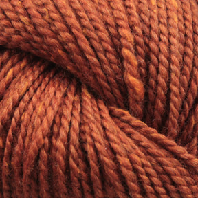 Close-up image of Acadia by The Fiber Company yarn in an orange-brown twist, showcasing detailed texture and intertwined fibers with a subtle tweed effect. The yarn appears to be soft and chunky, making it suitable for knitting or crocheting projects.