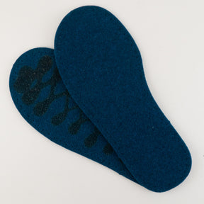 A pair of Joe's Toes Adult's Thick Felt Slipper Soles w/Latex Grip are displayed on a white background. One insole, perfect as an eco-friendly wool felt slipper sole, lies flat with its textured side visible, showing black grip patterns, while the other is slightly overlapping, showcasing the smooth surface.