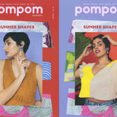 Two covers of "pompom Quarterly Summer 2020" by PLY Magazine, both for the sun-inspired "Summer Shapes" issue. The left cover showcases a woman in a mustard yellow knit top on a red background, while the right cover features a woman in a yellow knit top with ruffled sleeves on a purple background.