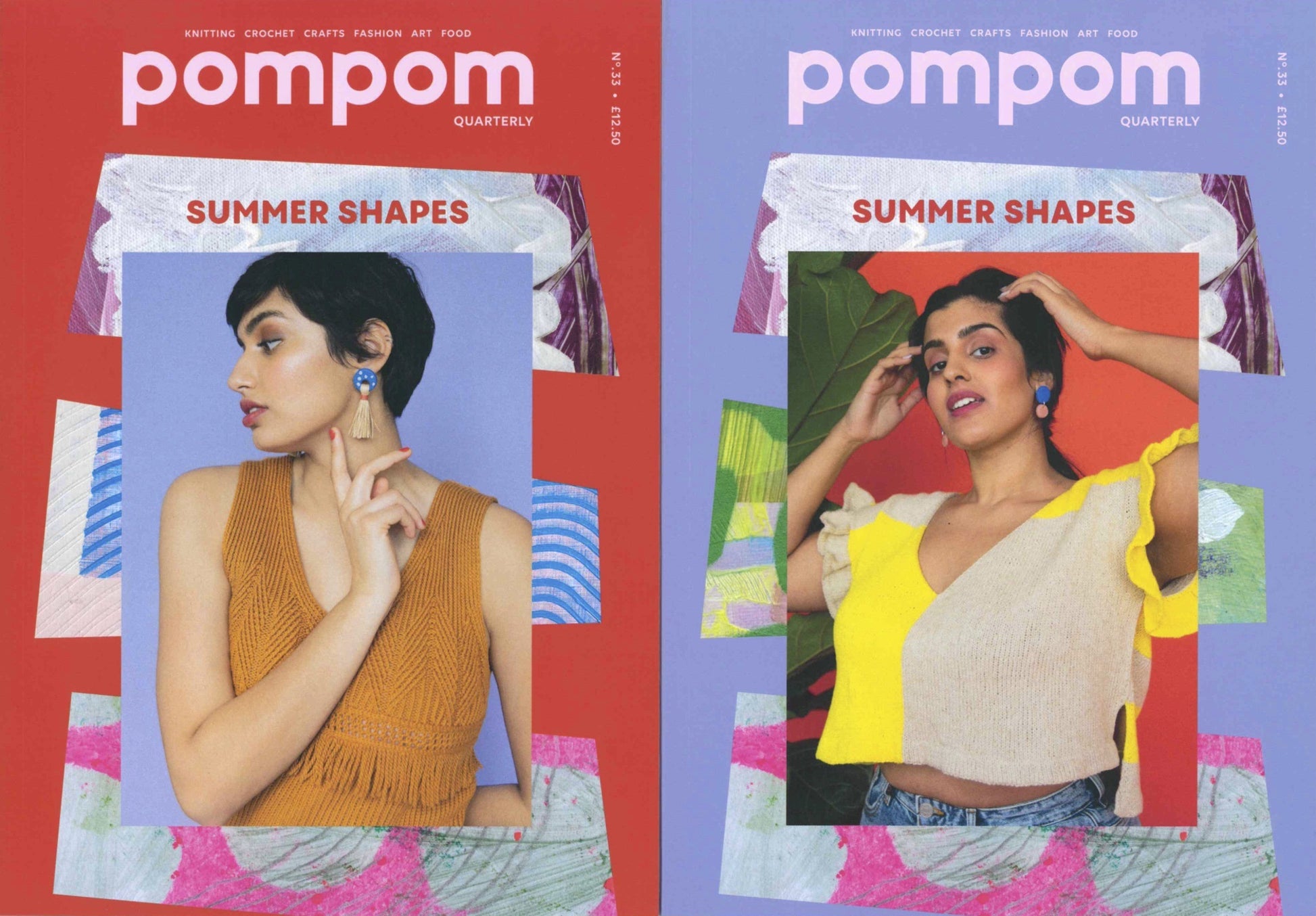 Two covers of "pompom Quarterly Summer 2020" by PLY Magazine, both for the sun-inspired "Summer Shapes" issue. The left cover showcases a woman in a mustard yellow knit top on a red background, while the right cover features a woman in a yellow knit top with ruffled sleeves on a purple background.