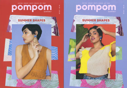 Two covers of "pompom Quarterly Summer 2020" by PLY Magazine, both for the sun-inspired "Summer Shapes" issue. The left cover showcases a woman in a mustard yellow knit top on a red background, while the right cover features a woman in a yellow knit top with ruffled sleeves on a purple background.