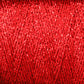 Close-up image of Astra Glow Metallic in red from Huntingdon Yarn Mill, Inc., showcasing glittery yarn with a zigzag pattern woven into the texture. The metallic fibers of this mini-cone catch the light, creating a shimmering effect perfect for both hand and machine knitters.